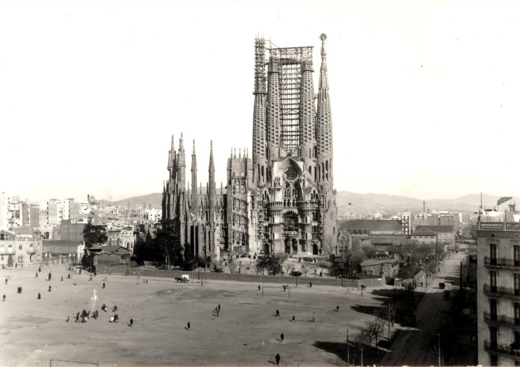 Interior view of the Nativity Façade of the Sagrada Família with the Tower of Saint Barnabas completed and the Tower of Saint Matthew almost finished.