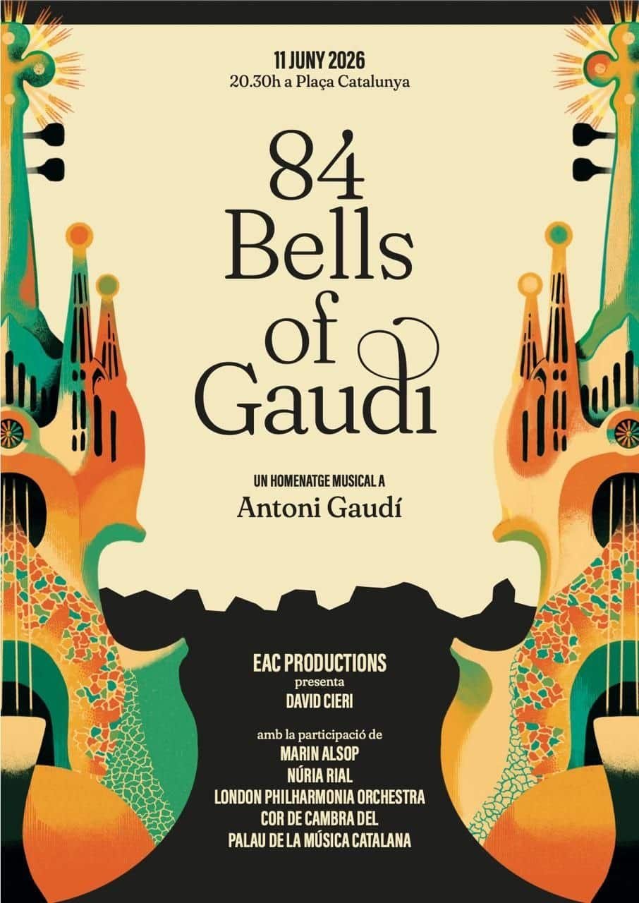 Official poster for the “84 Bells of Gaudí” public concert in Plaça Catalunya during Gaudí Year 2026.