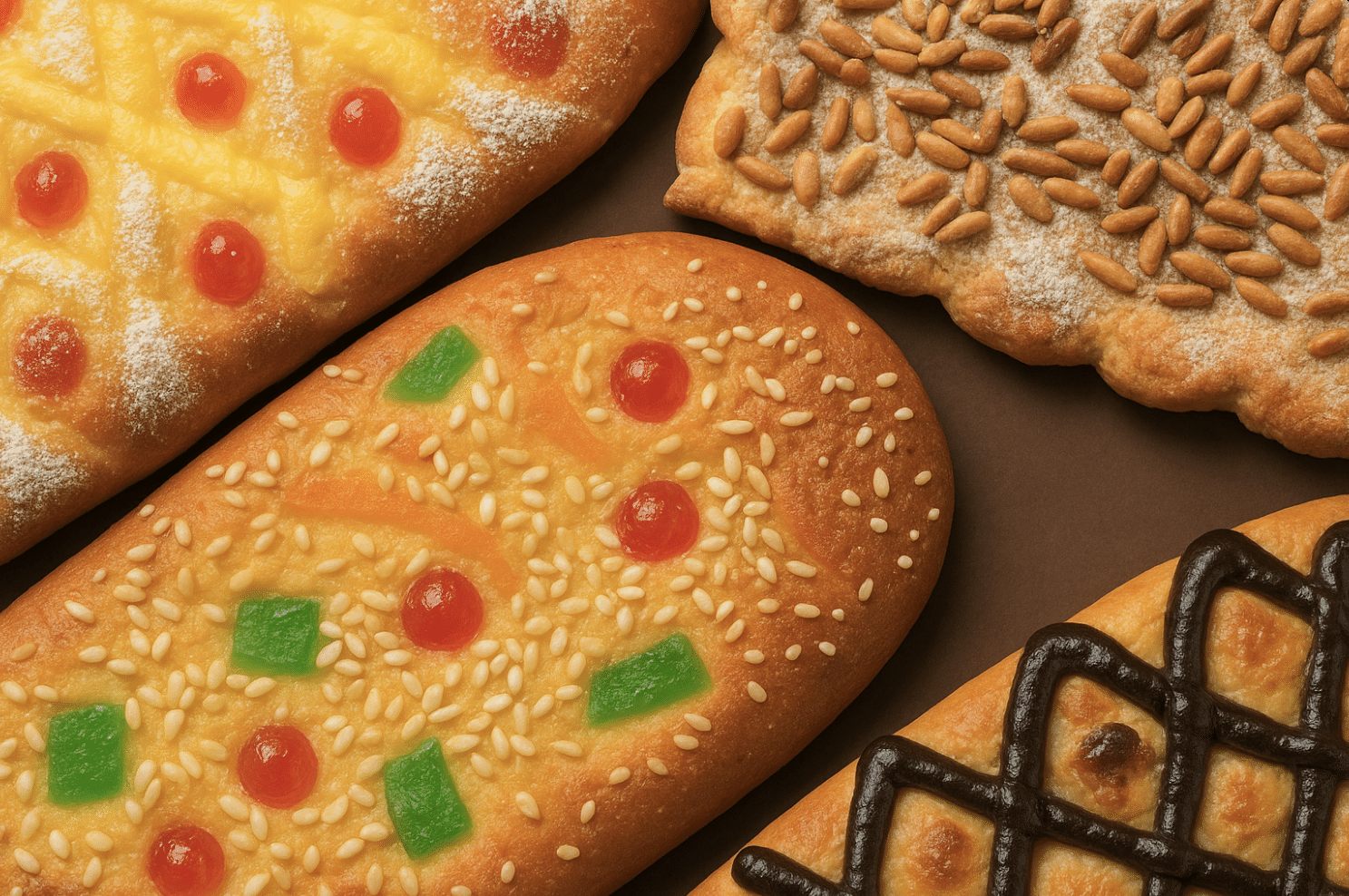 Four varieties of Coca de Sant Joan including traditional, cream-filled, pine nut, and chocolate versions on display for the summer solstice celebration