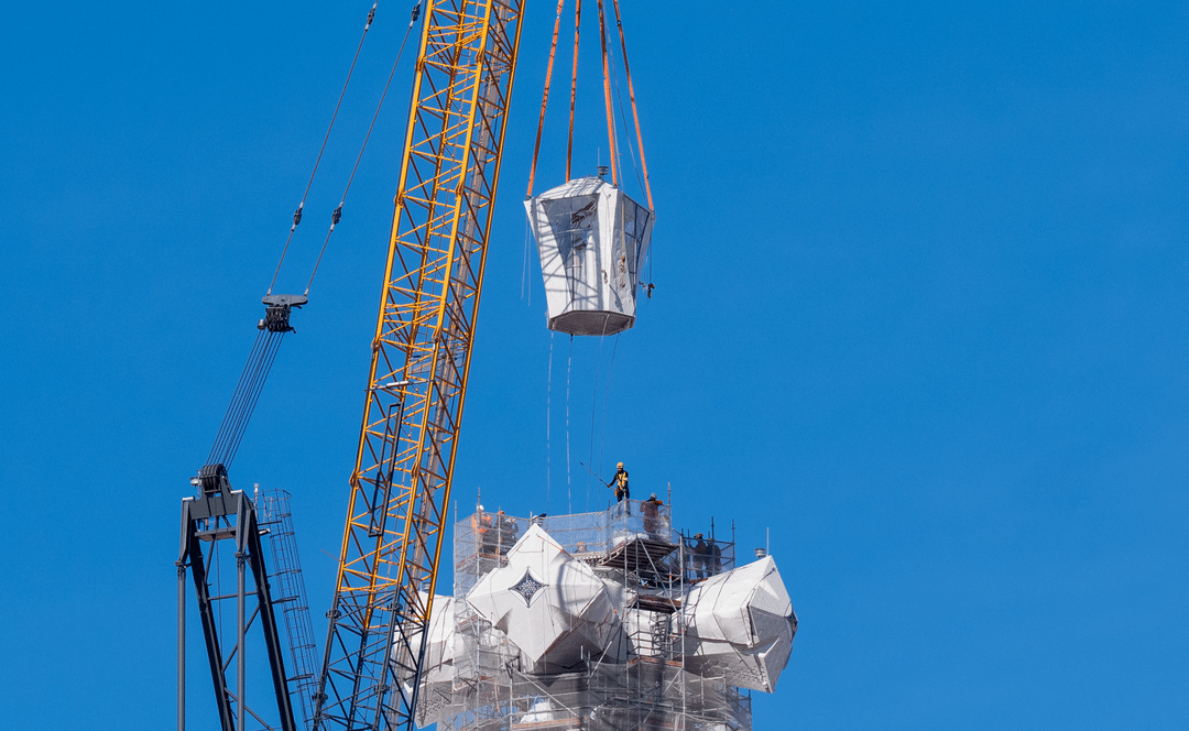 Upper arm of the cross installed on the Tower of Jesus Christ at the Sagrada Familia reaching 172.5 metres