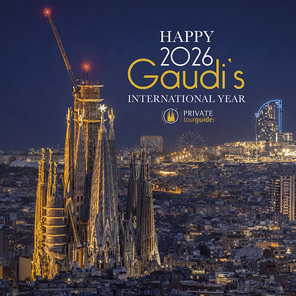 New Year greeting from Barcelona Private Tour Guide highlighting 2026 as the Gaudí International Year, with the Sagrada Família illuminated at night