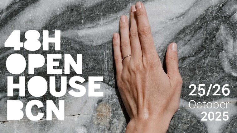 48h Open House Barcelona 2025 official poster with marble texture and hand