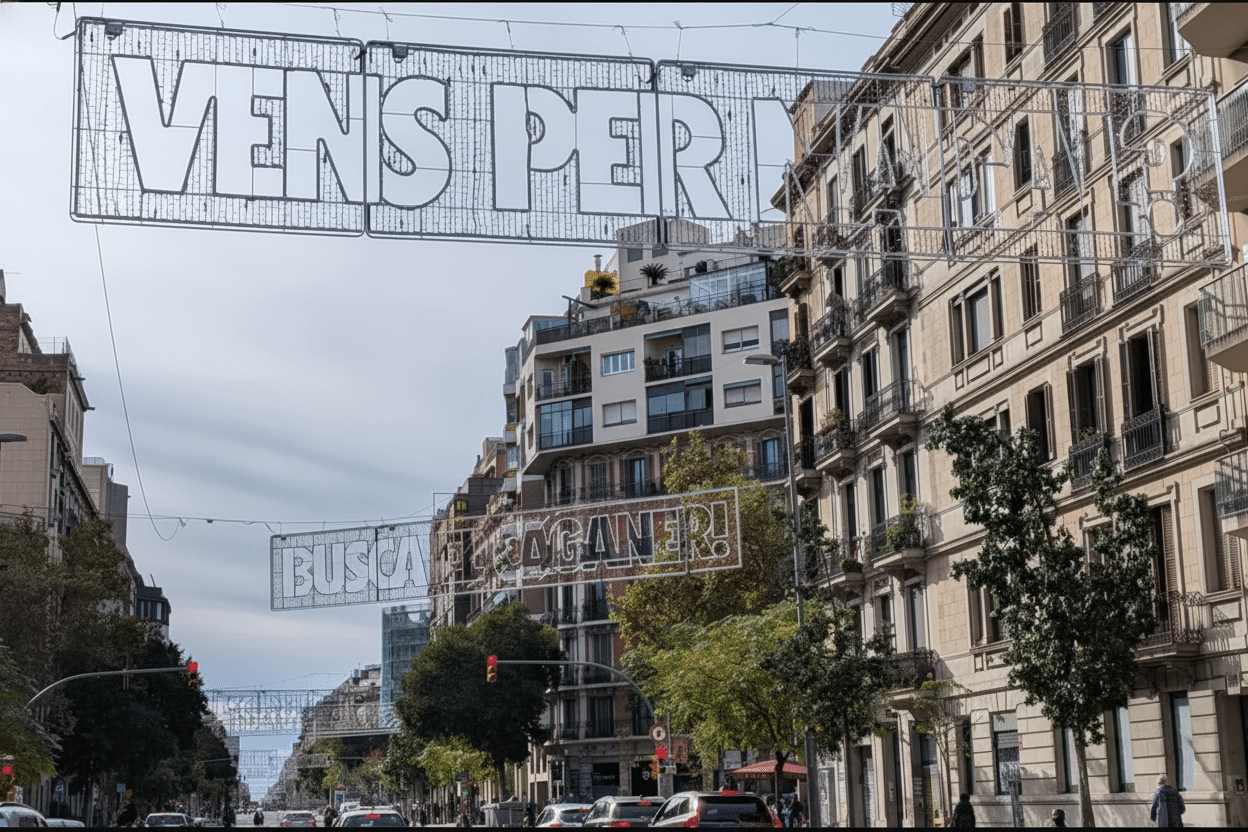 Illuminated Catalan Christmas phrase "Vens per Nadal?" hanging above Carrer Aragó in Barcelona.