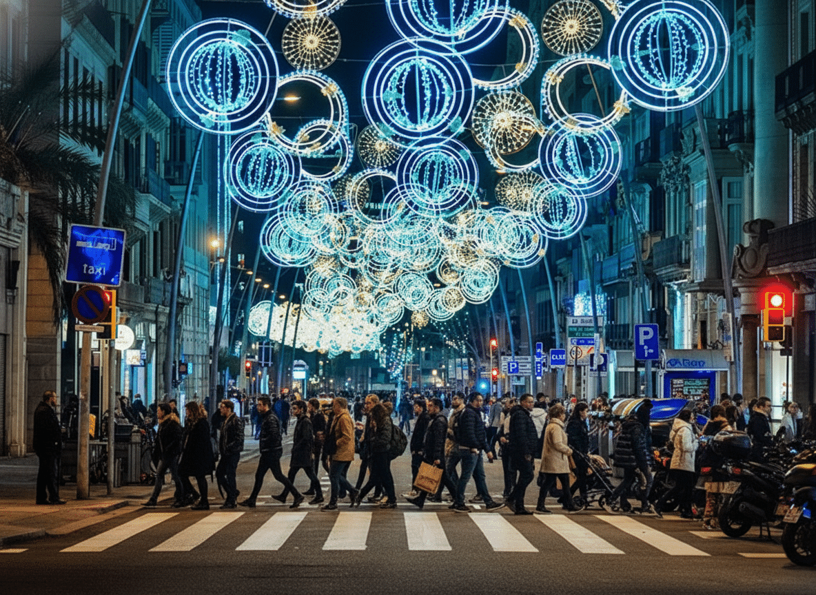 Crowds crossing a Barcelona street decorated with large blue and white Christmas light spheres during the holiday season.