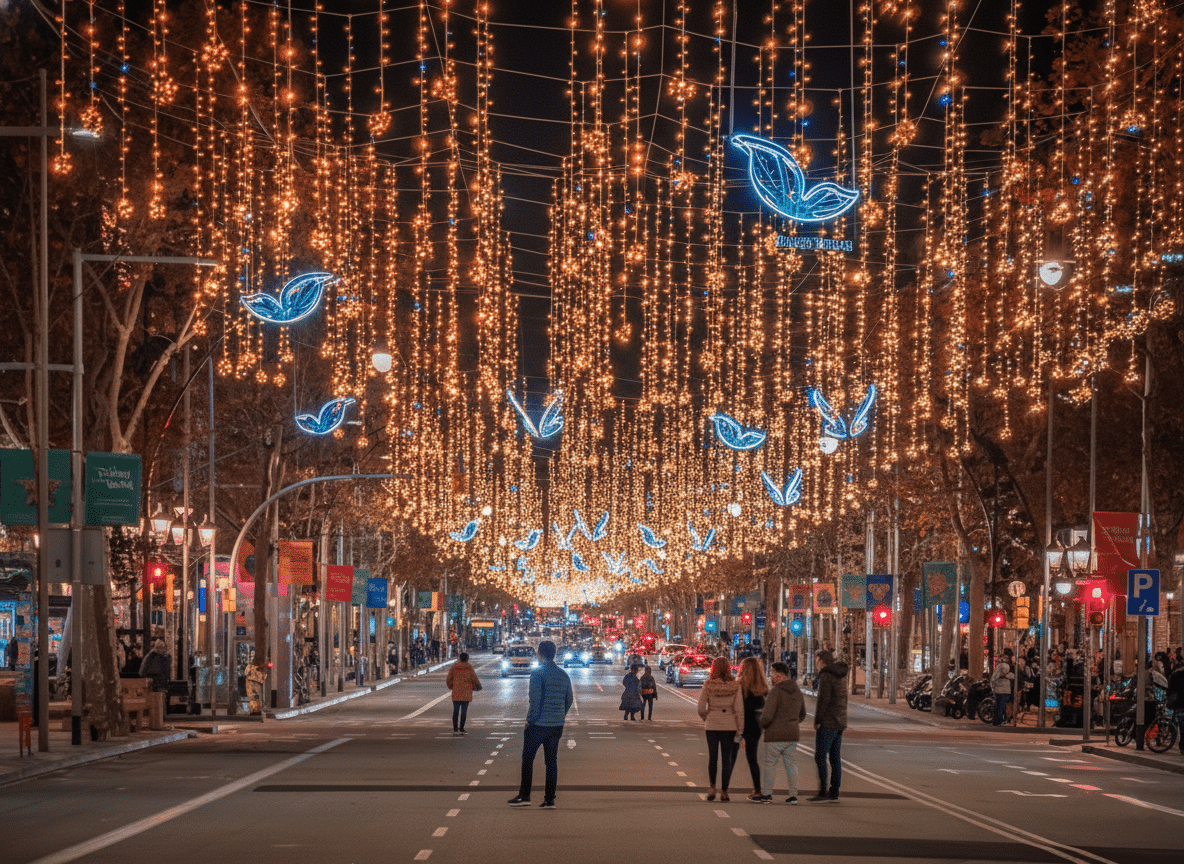 Barcelona street decorated with golden Christmas lights and blue butterfly-shaped motifs as people walk during the festive season.
