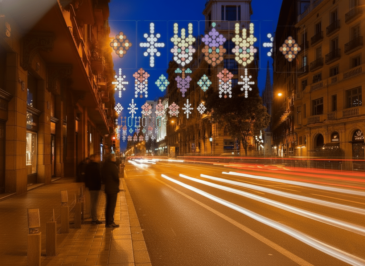 Night view of Via Laietana in Barcelona with geometric Christmas light designs and light trails from passing traffic.