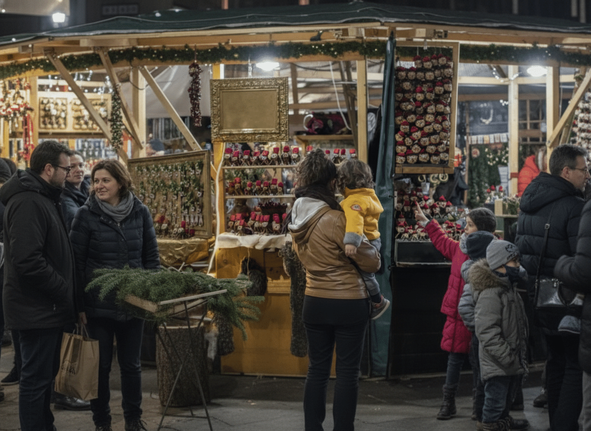 Families exploring a Christmas market stall at night in Barcelona, with lights and handmade ornaments.