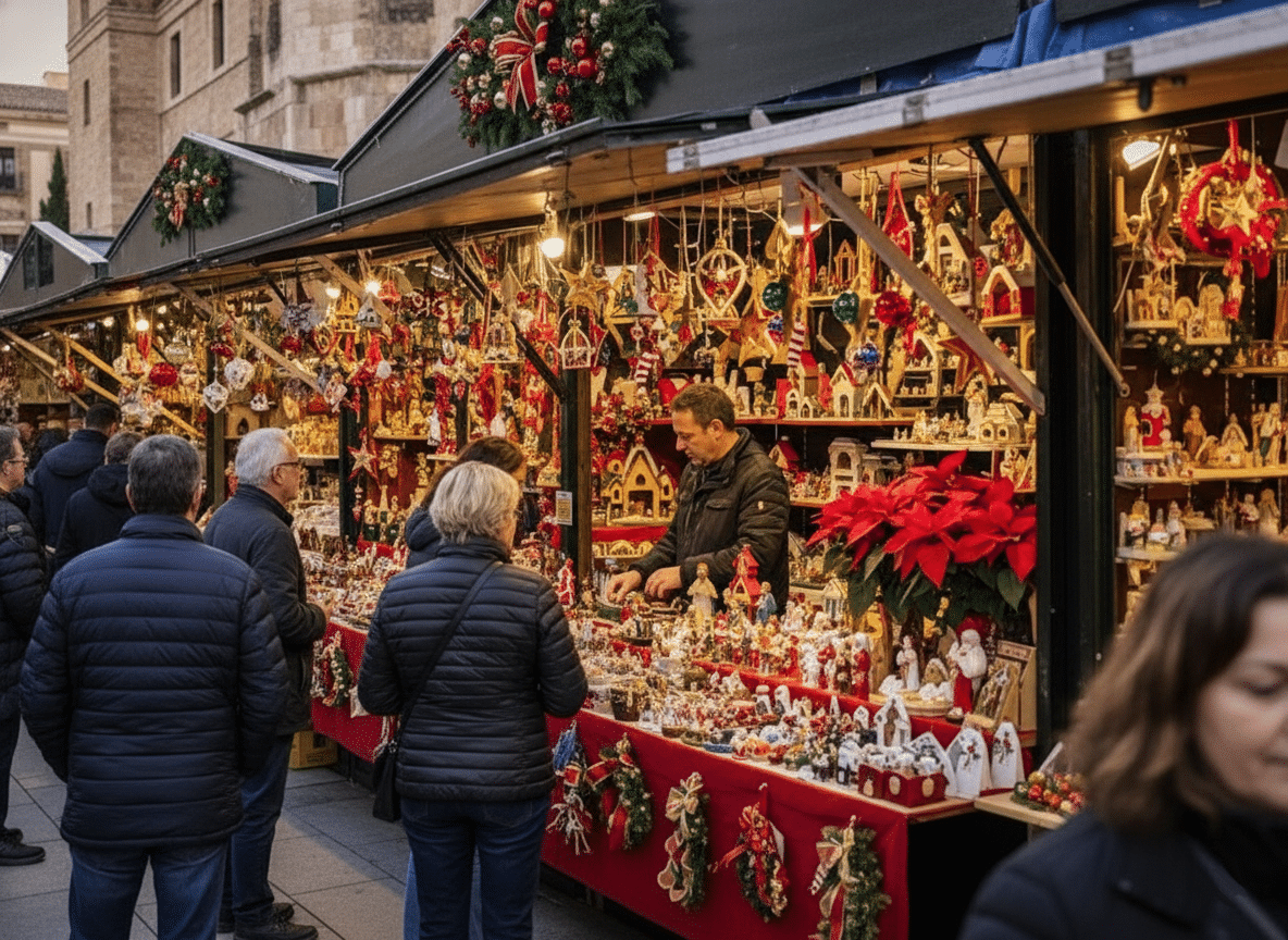 Handcrafted Christmas ornaments displayed at a festive market stall in Barcelona.