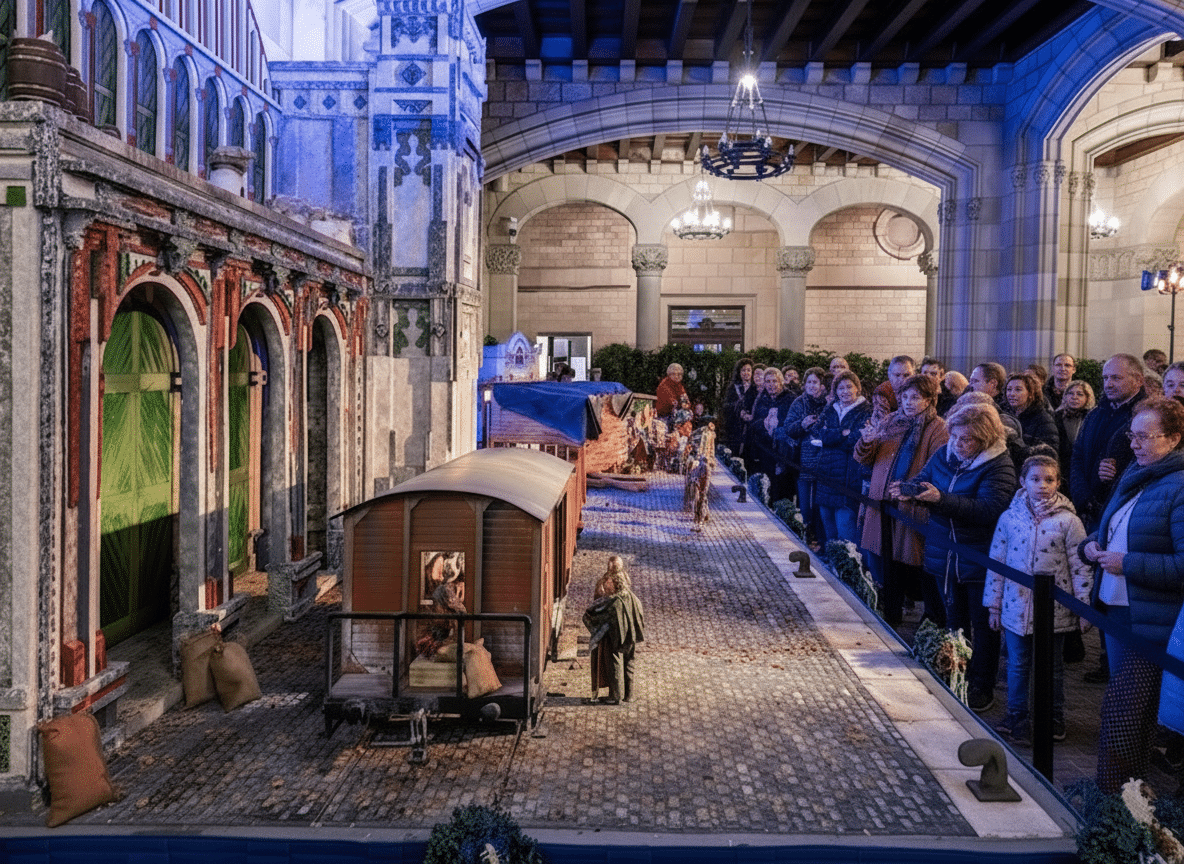 Visitors viewing the large traditional nativity scene displayed inside Barcelona City Hall courtyard.