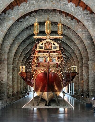 Replica of a royal galley inside the Barcelona Maritime Museum, housed in medieval shipyards