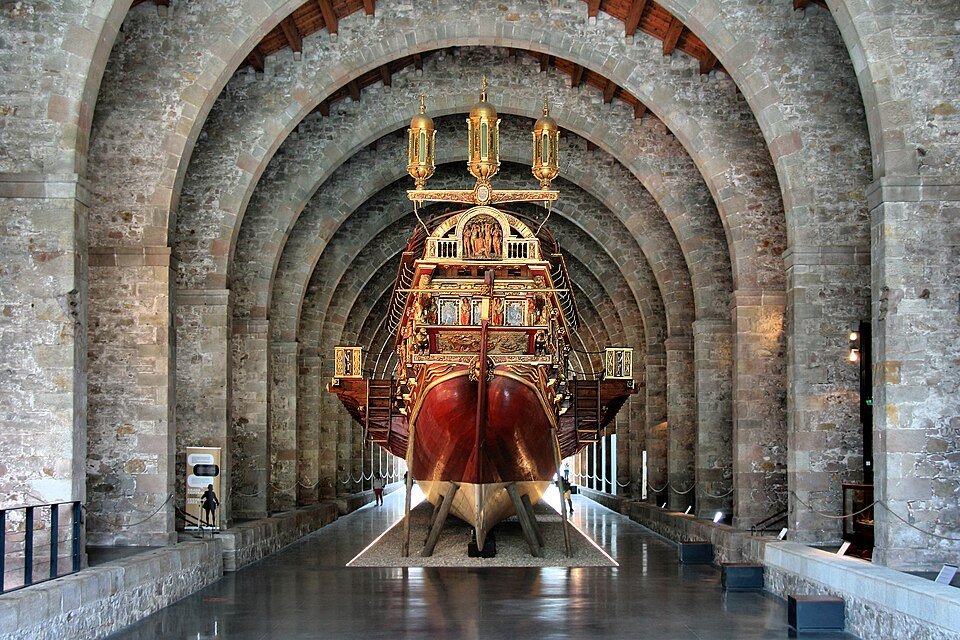 Replica of a royal galley inside the Barcelona Maritime Museum, housed in medieval shipyards
