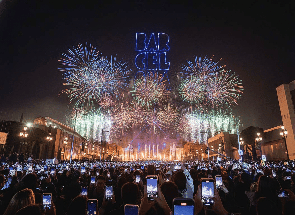 New Year fireworks and a drone light display showing the word BARCELONA above a crowd.
