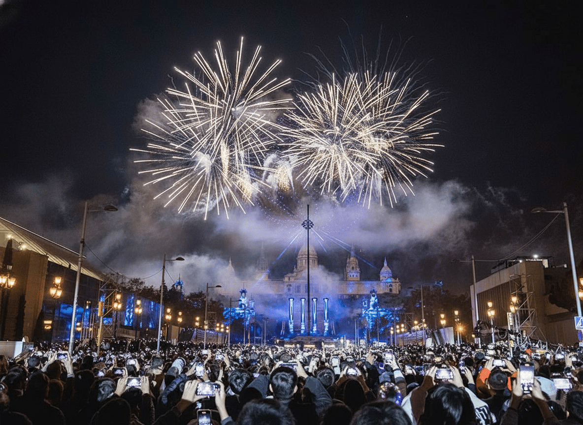 Fireworks above Montjuïc during Barcelona’s New Year celebration, with a large crowd watching.