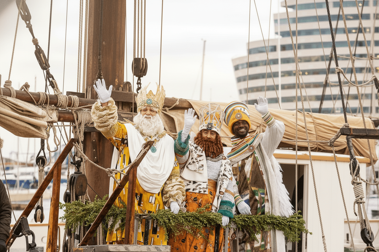 The Three Kings arriving by boat at Port Vell in Barcelona, waving to the public before the parade.