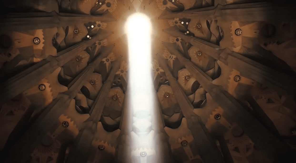 Light streaming through the ceiling of the Sagrada Familia during the Antoni Gaudí centenary tribute.