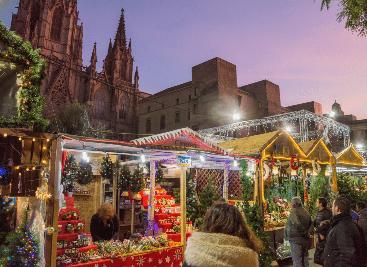 Christmas stalls at Fira de Santa Llúcia in Barcelona with the Cathedral in the background during sunset.