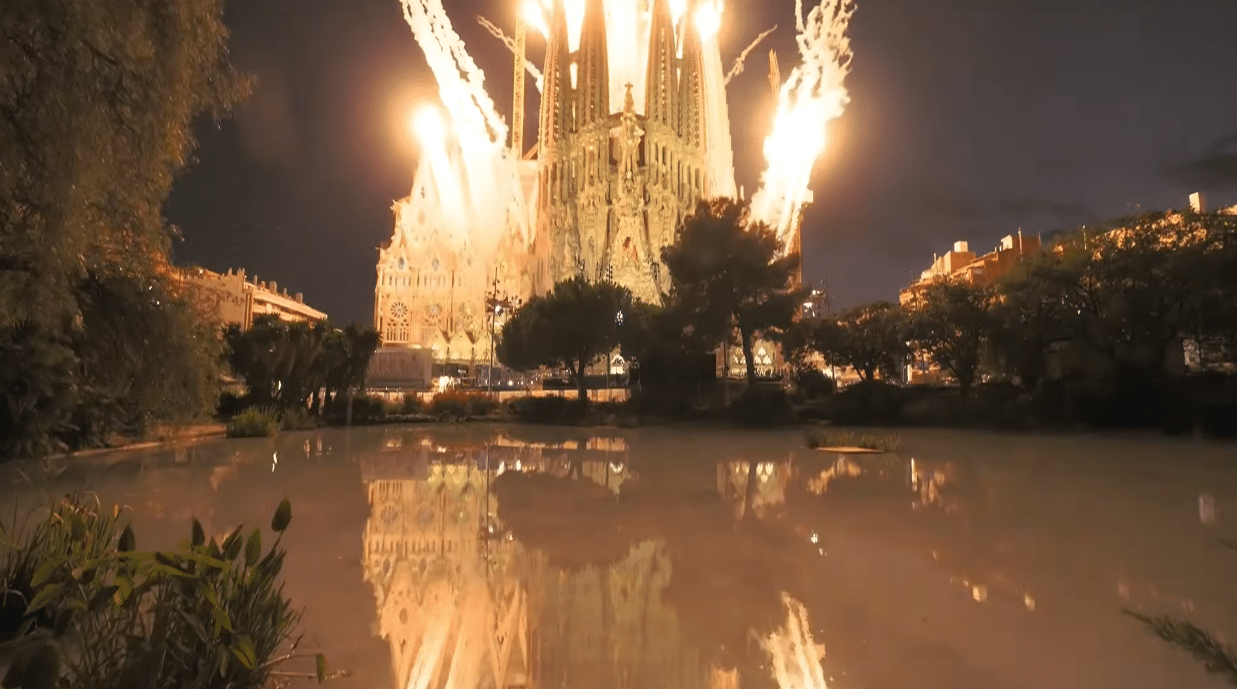 Fireworks above the Sagrada Familia during the centenary celebration of Antoni Gaudí.