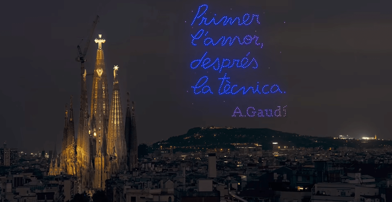 Gaudí quote displayed in the night sky by drones above the Sagrada Familia.