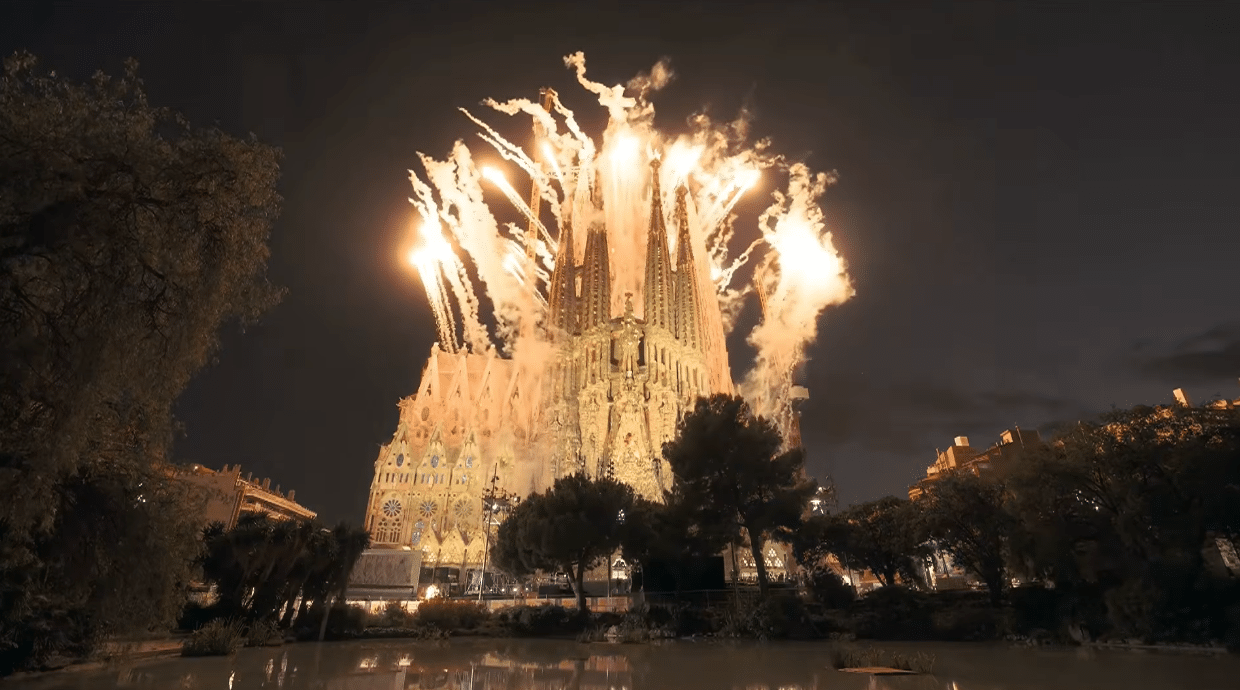 Fireworks exploding above the Sagrada Familia during the finale of the Antoni Gaudí centenary tribute.