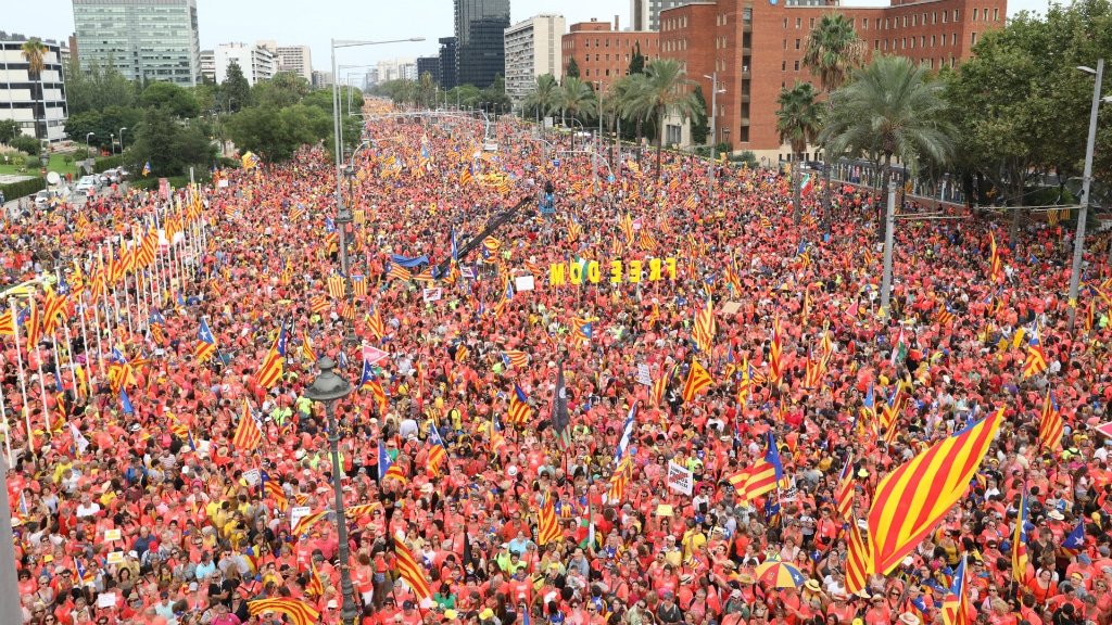 Diagonal, Long avenue in Barcelona packed with La Diada participants and Catalan flags.