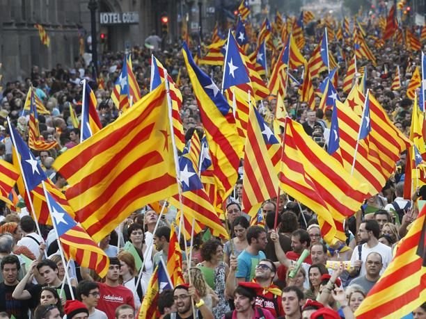 La Diada march in Barcelona with hundreds of estelada flags along a boulevard.