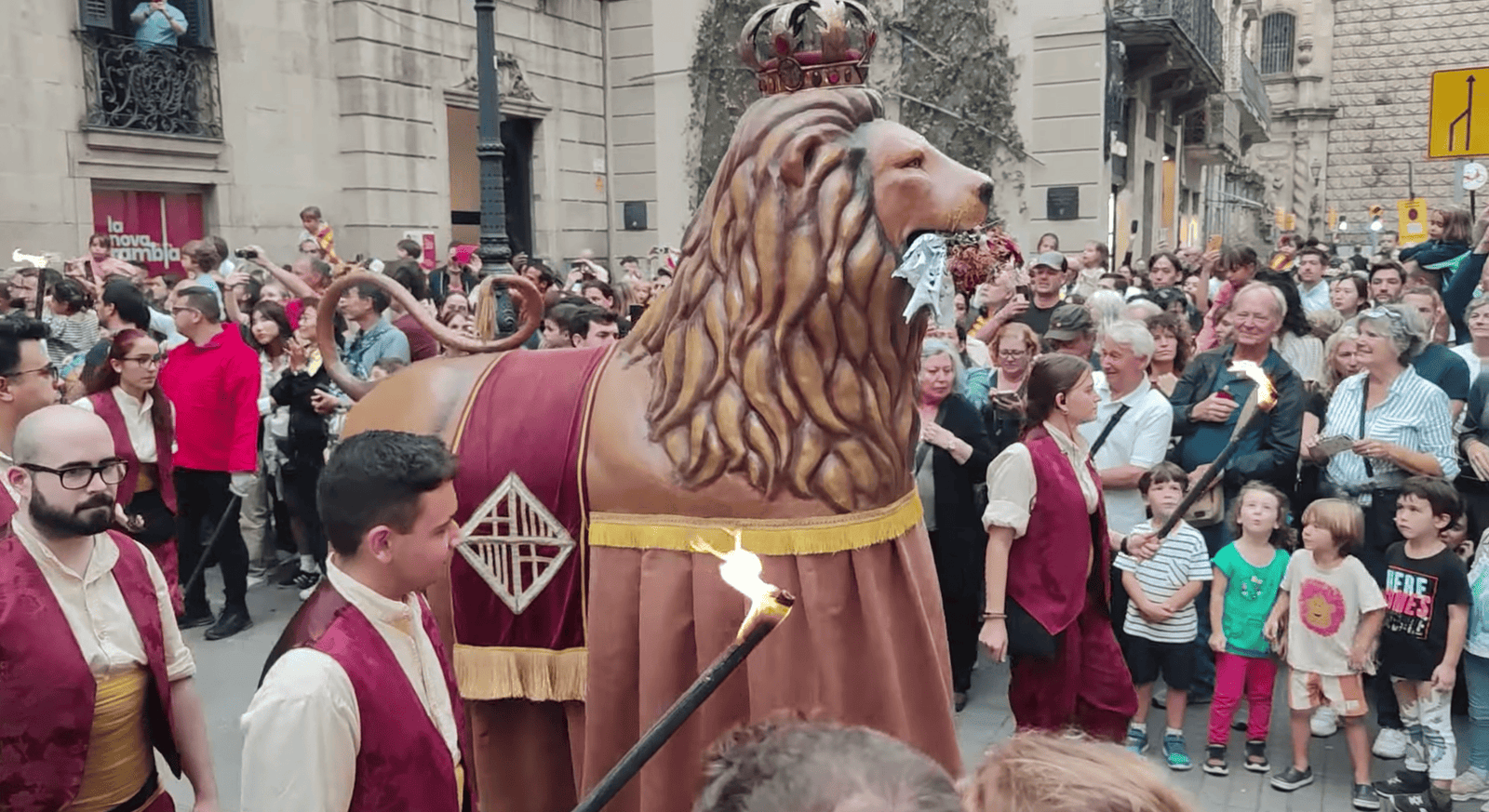 Lion from Barcelona's traditional bestiary leaving the Palau de la Virreina on La Rambla during the opening procession of La Mercè