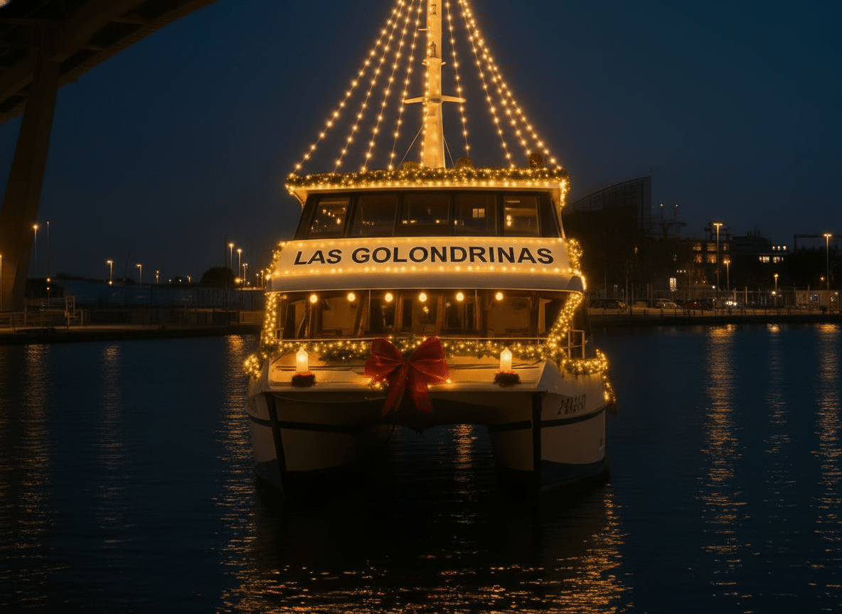 Las Golondrinas boat decorated with golden Christmas lights during the nighttime Lluminia route in Barcelona.