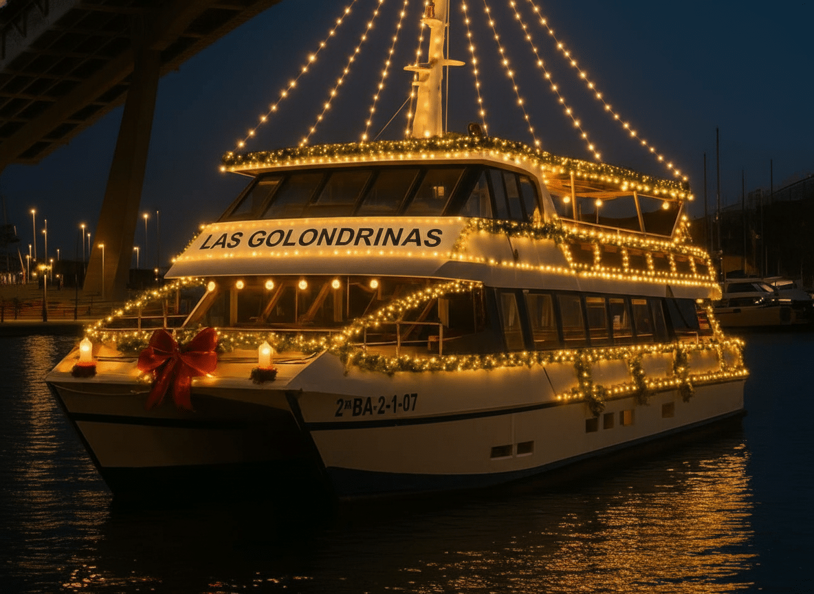 Side view of Las Golondrinas boat decorated with Christmas lights at night in Barcelona’s Port Vell.
