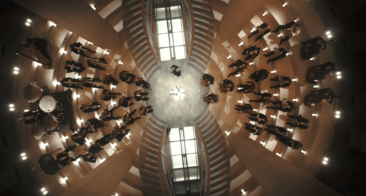 Overhead view of musicians performing inside the Sagrada Familia during the centenary celebration.