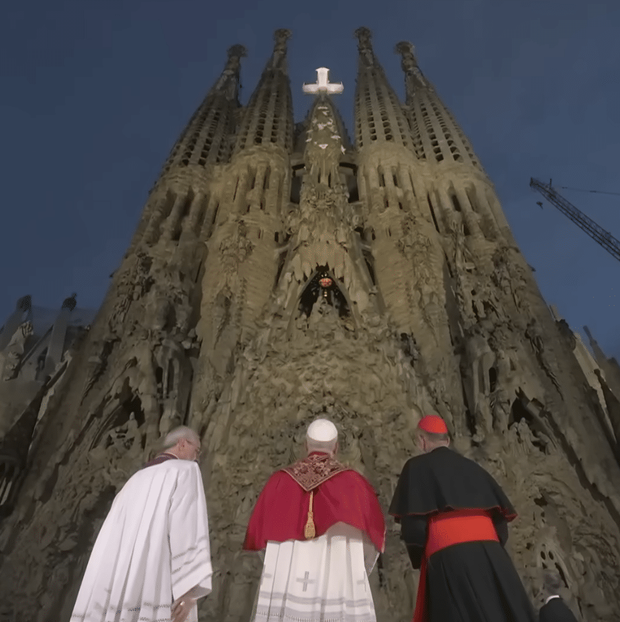 The Pope blessing the Tower of Jesus at the Sagrada Familia during the centenary of Antoni Gaudí's death.