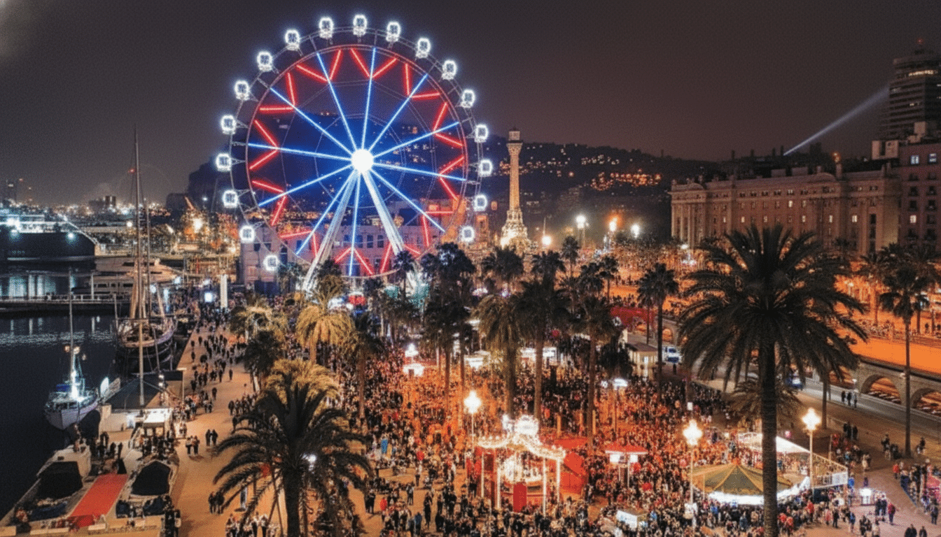 A dusk view of the outdoor ice rink located at Tibidabo, one of Barcelona’s iconic hilltop locations. Families and visitors skate while enjoying panoramic views of the city, making it one of the most unique winter experiences in Barcelon