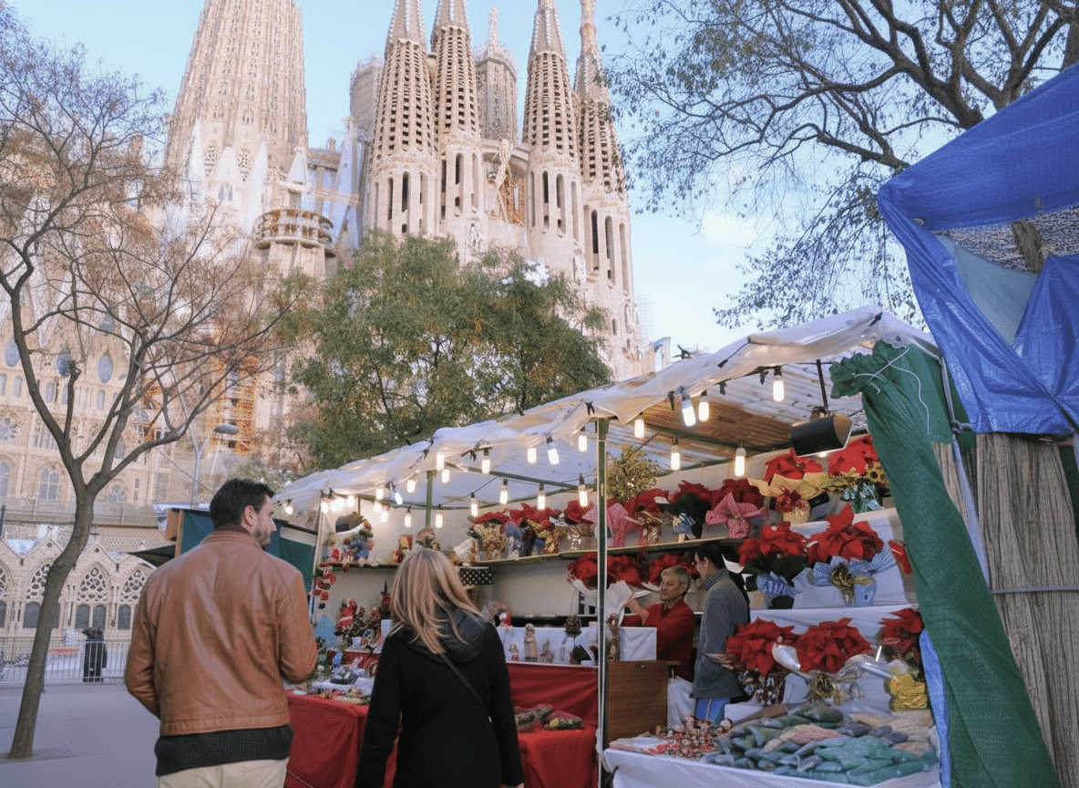 Visitors browsing Christmas stalls near the Sagrada Família on a sunny winter day in Barcelona.