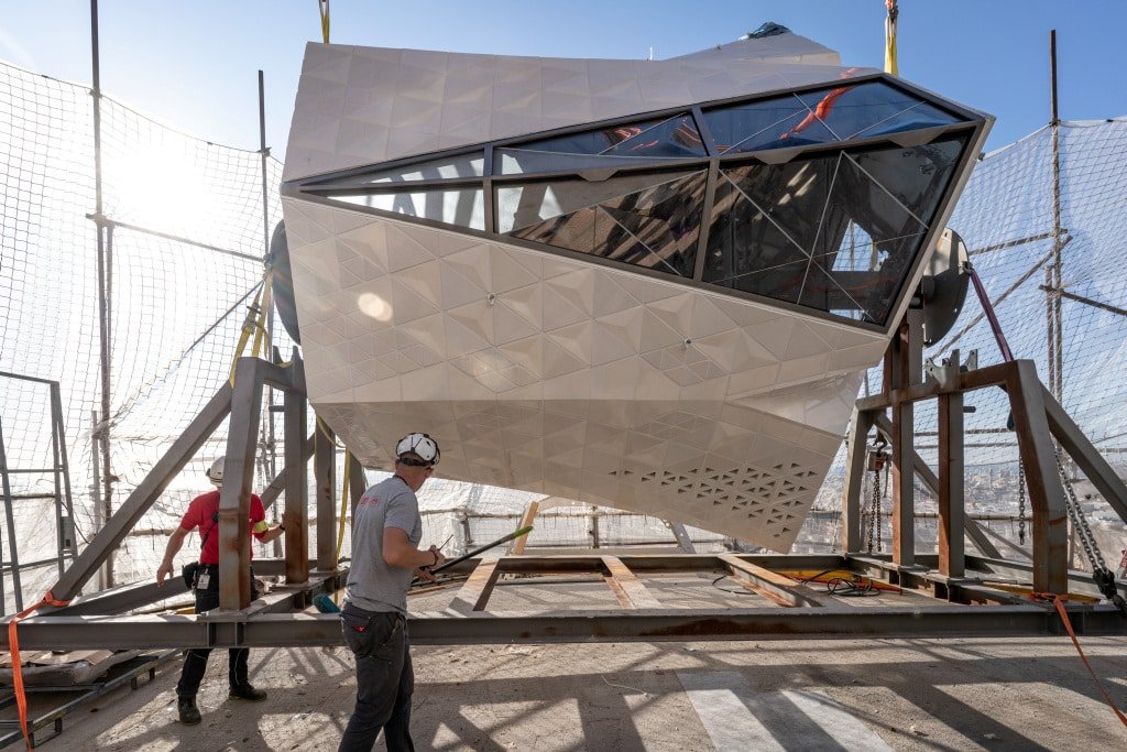 Horizontal arm of the cross being assembled at the Sagrada Familia before installation on the Tower of Jesus Christ