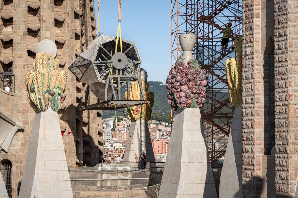 Horizontal arm of the cross stored in the transept of the Sagrada Familia before installation on the Tower of Jesus Christ