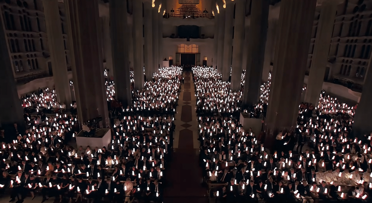 Thousands of illuminated lights inside the Sagrada Familia during the centenary tribute to Antoni Gaudí.