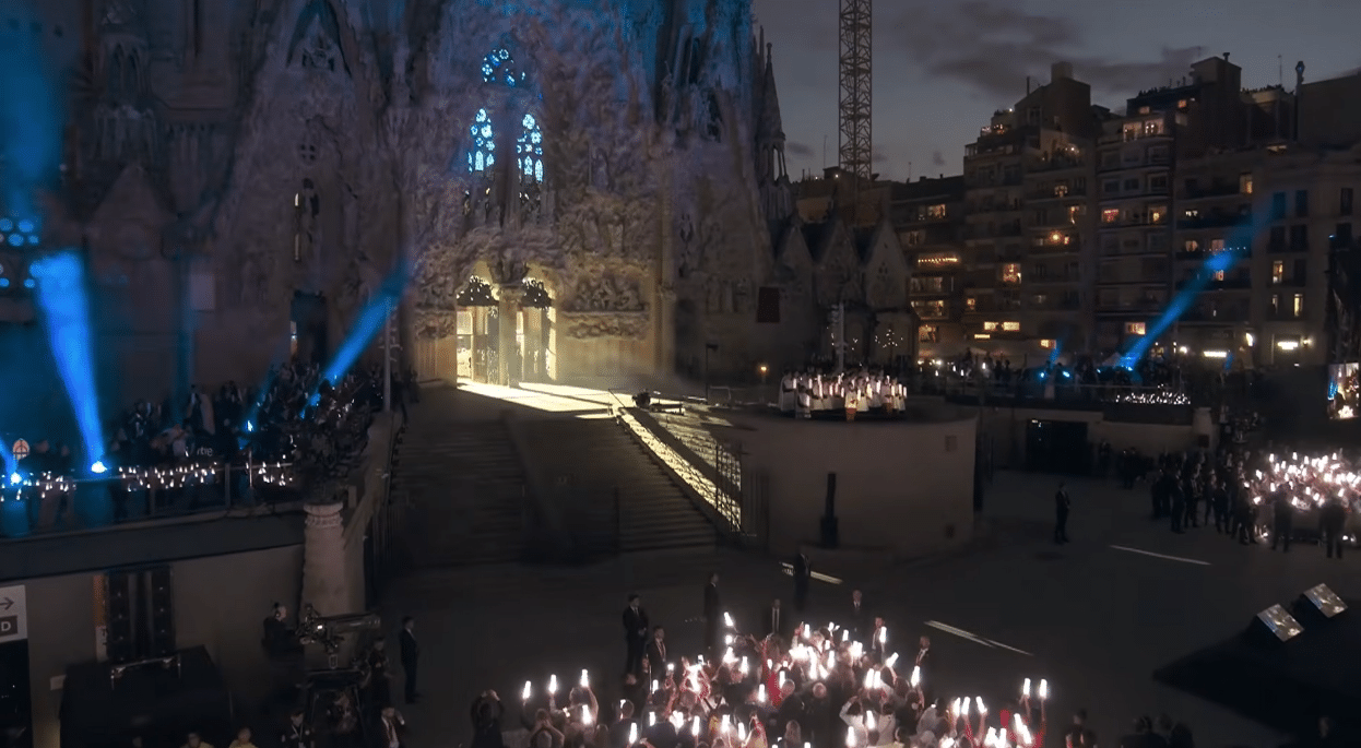 Architectural lighting illuminating the Sagrada Familia during the centenary celebration.