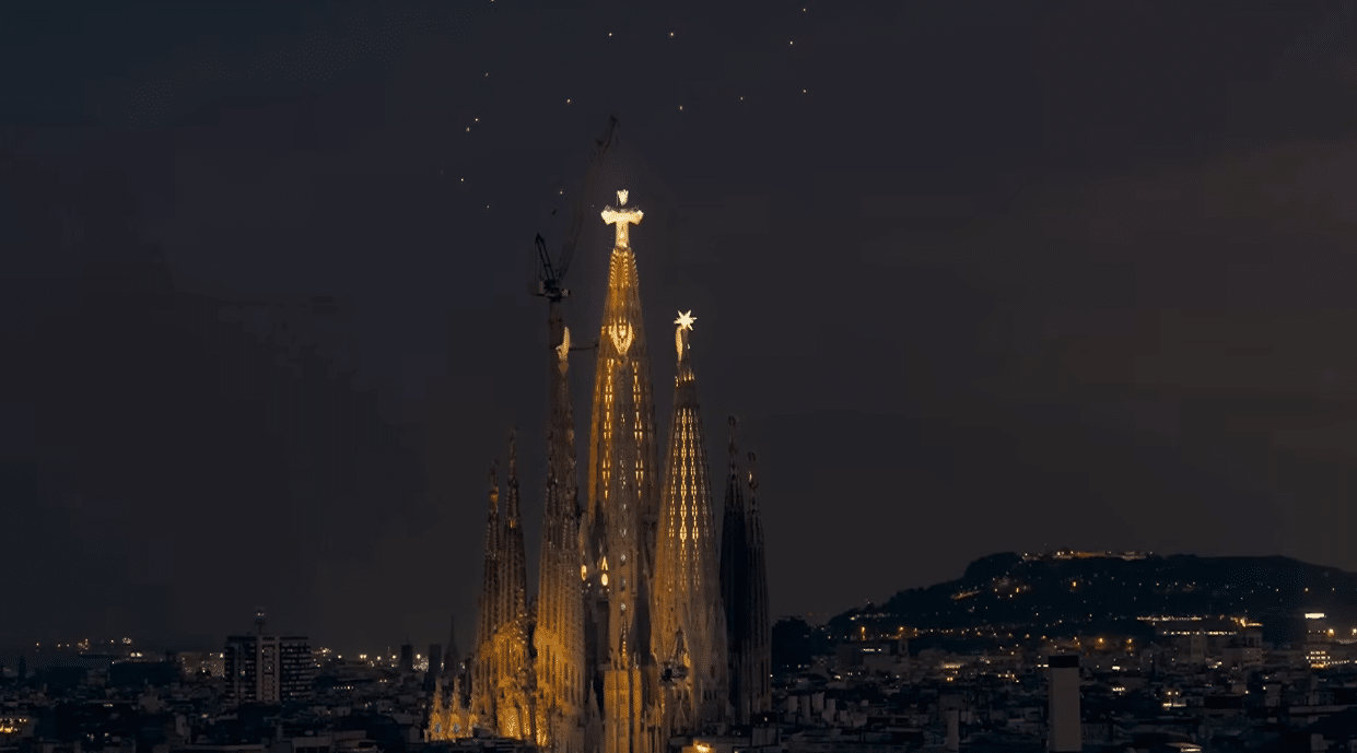 The illuminated Sagrada Familia standing peacefully after the conclusion of the Antoni Gaudí centenary celebration.