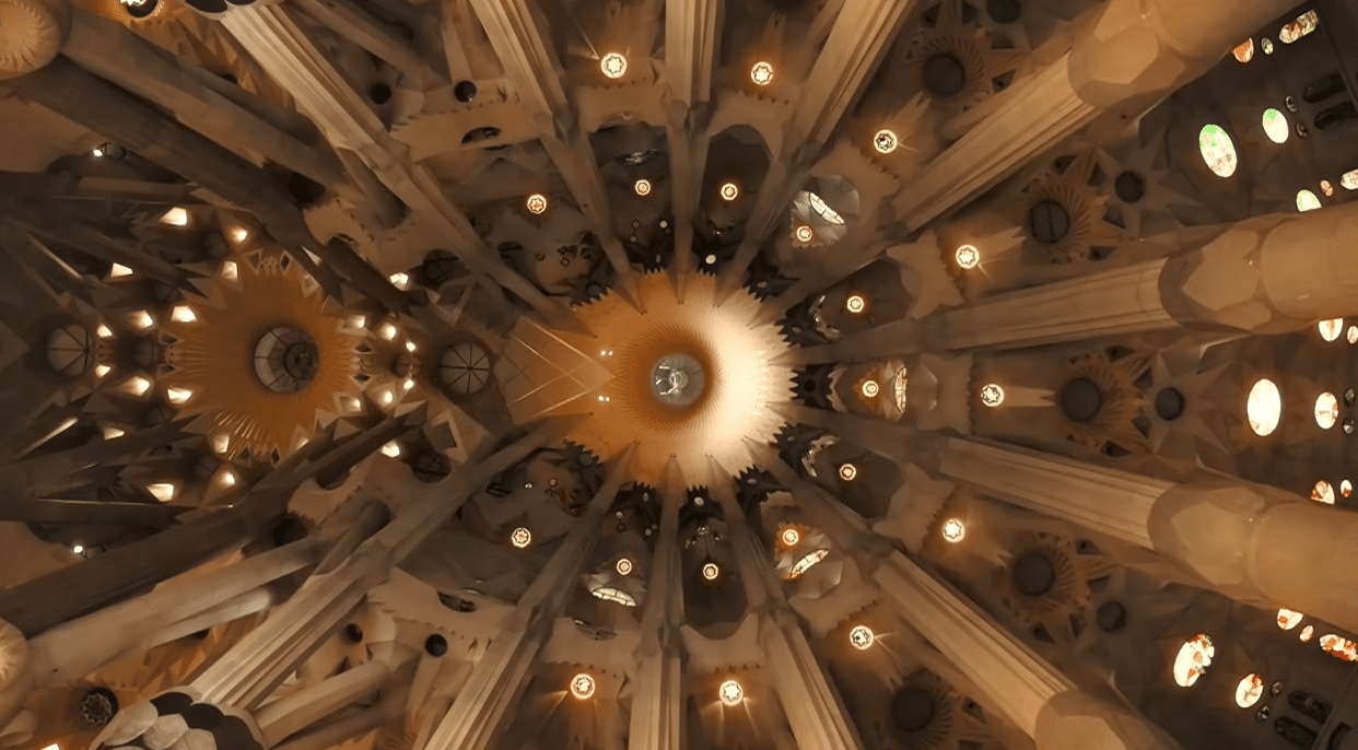View of the vaulted ceiling of the Sagrada Familia during the centenary tribute to Antoni Gaudí.