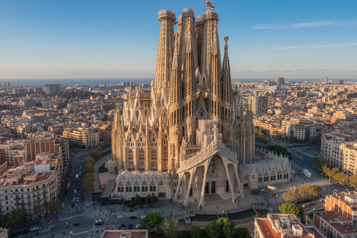 Aerial daytime view of the Sagrada Família surrounded by the city grid of Barcelona