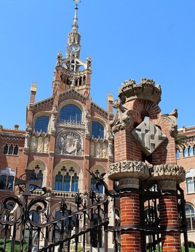 Facade and decorative tower of the Sant Pau Modernist Site in Barcelona