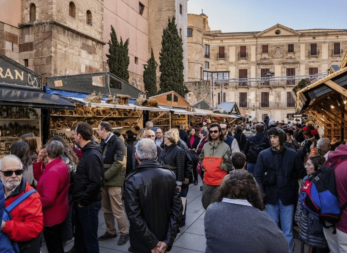 Crowds walking through the Santa Llúcia Christmas Market in Barcelona, surrounded by festive stalls and decorations.