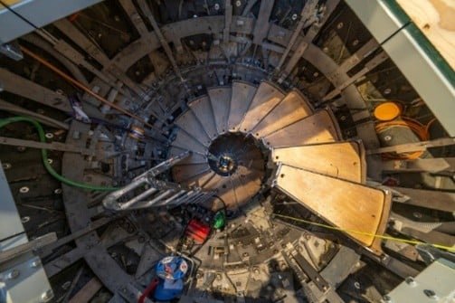 Spiral stairs installed inside the lower arm of the cross of the Tower of Jesus Christ during construction at the Sagrada Familia in Barcelona