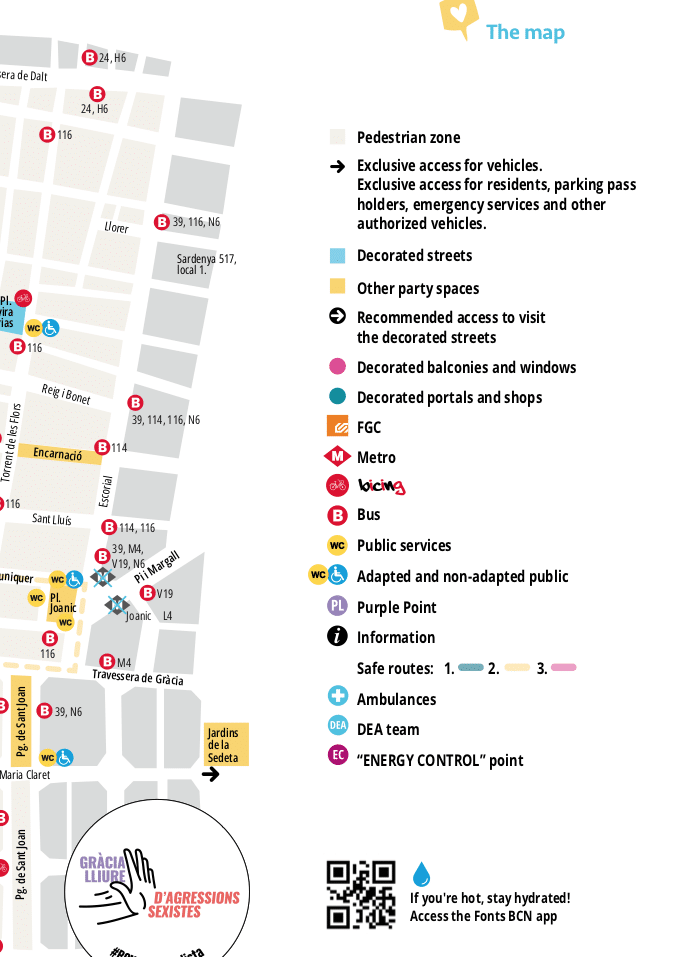 Festa Major de Gràcia 2025 map with English legend and color codes