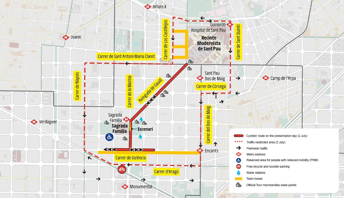 Official map showing road closures and the security perimeter for the 2026 Tour de France team presentation between Sant Pau and the Sagrada Familia