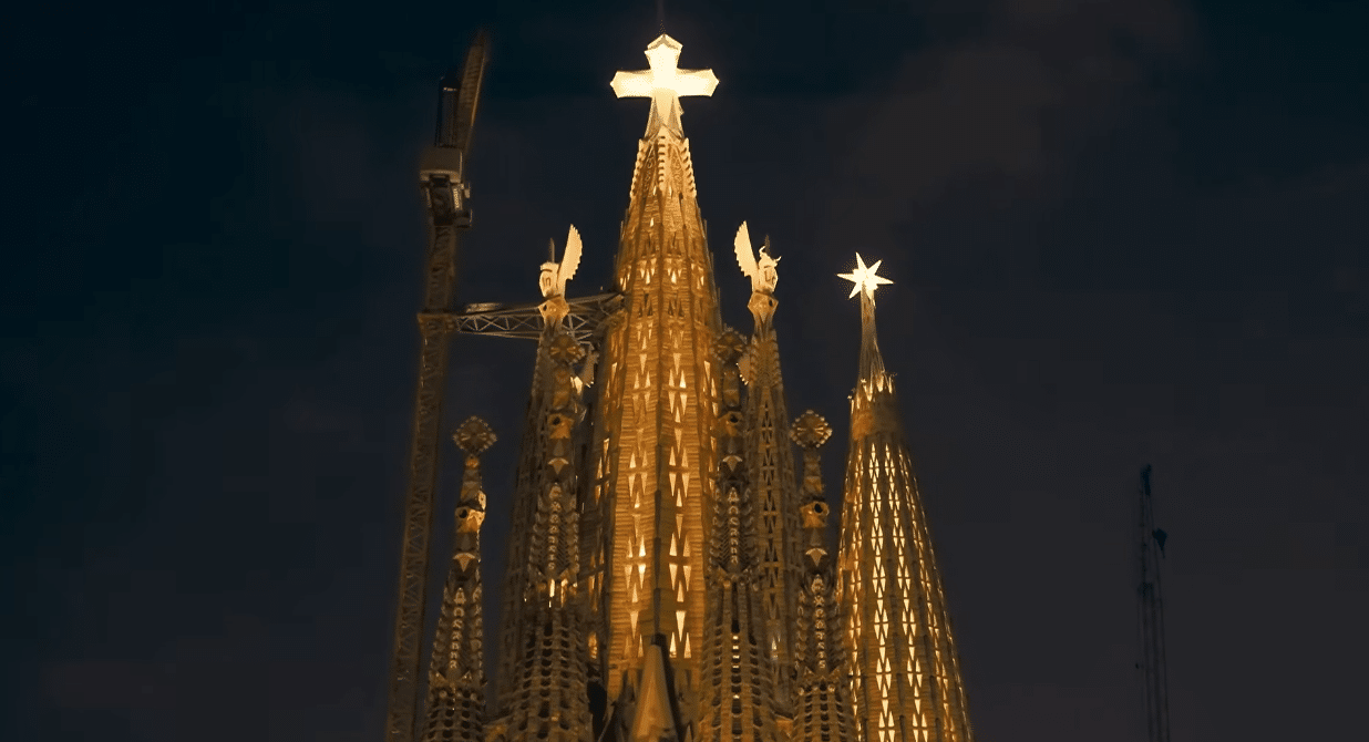 The Tower of Jesus illuminated during the centenary celebration of Antoni Gaudí.